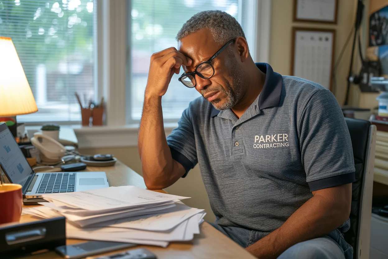 A home service business owner at his desk, worn down by the true cost of shared leads