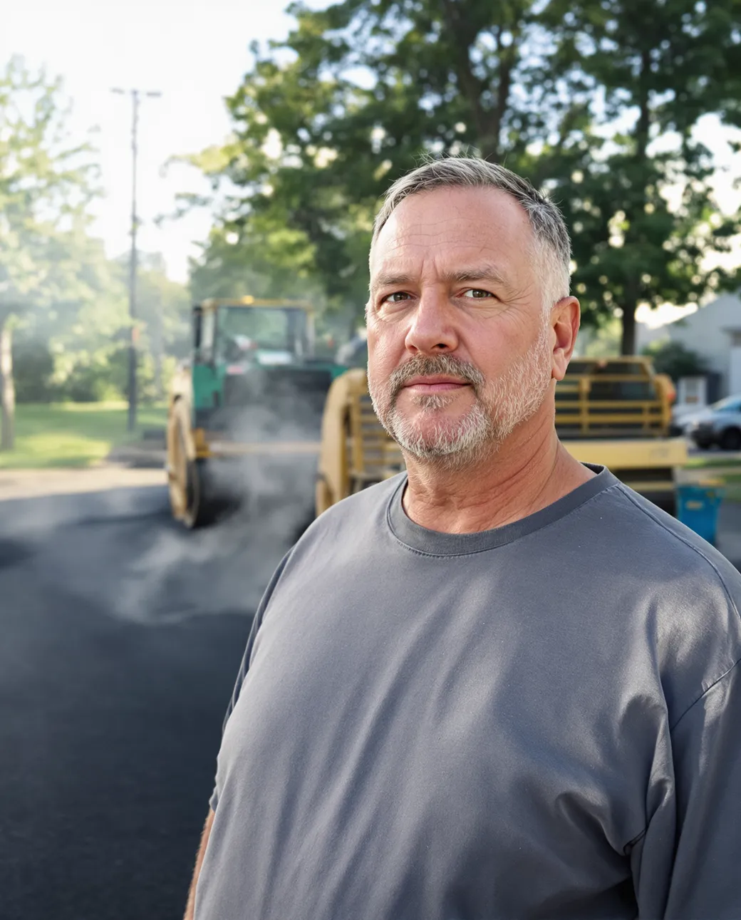 An asphalt paving contractor on a freshly paved commercial parking lot