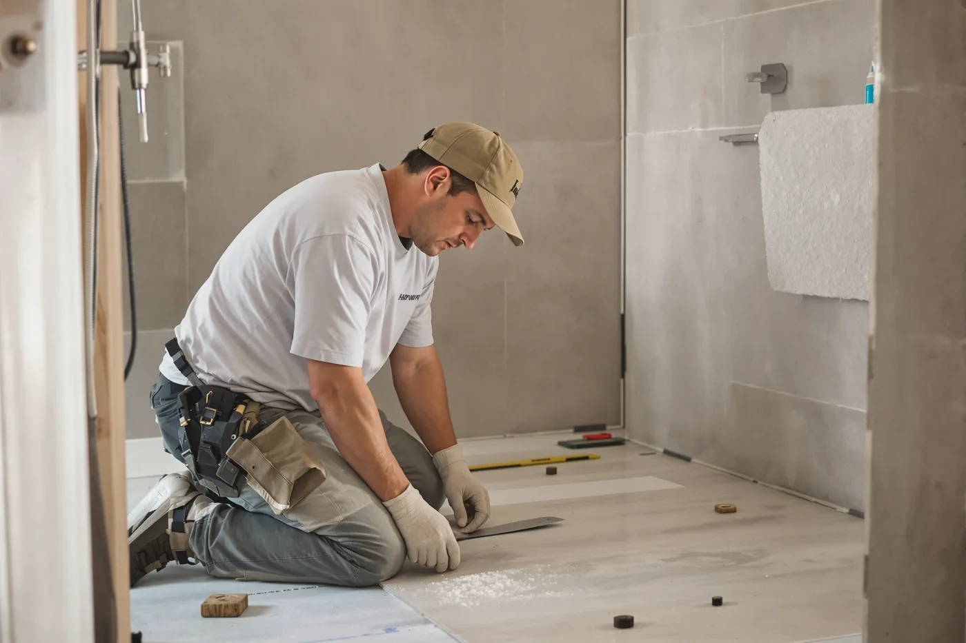 A bathroom remodeling crew on the job in the market you would own.