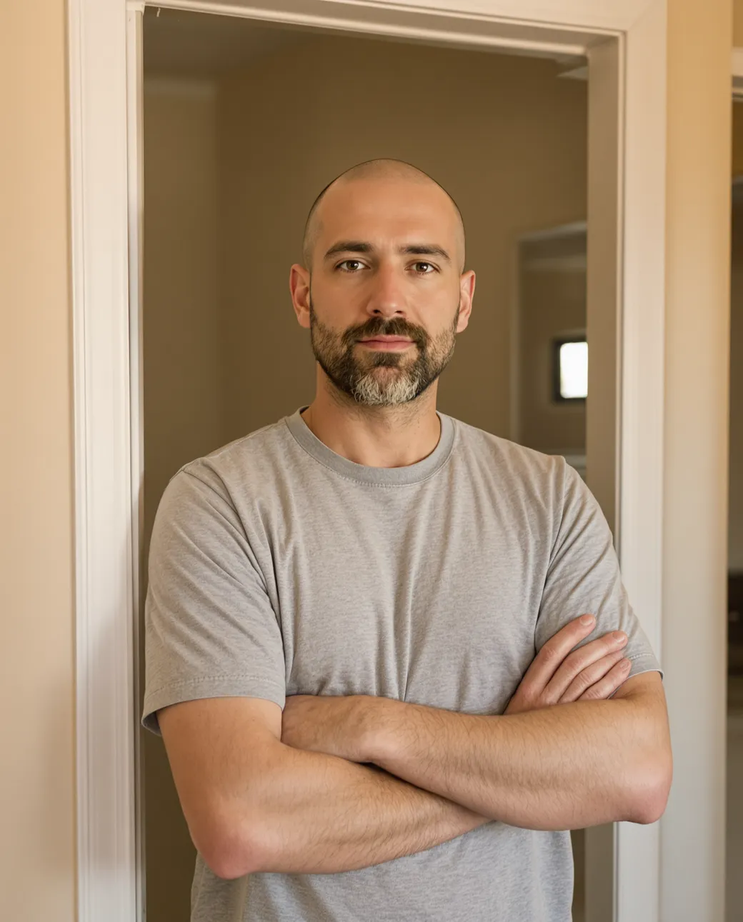 A bathroom remodeling company owner in a finished walk-in shower