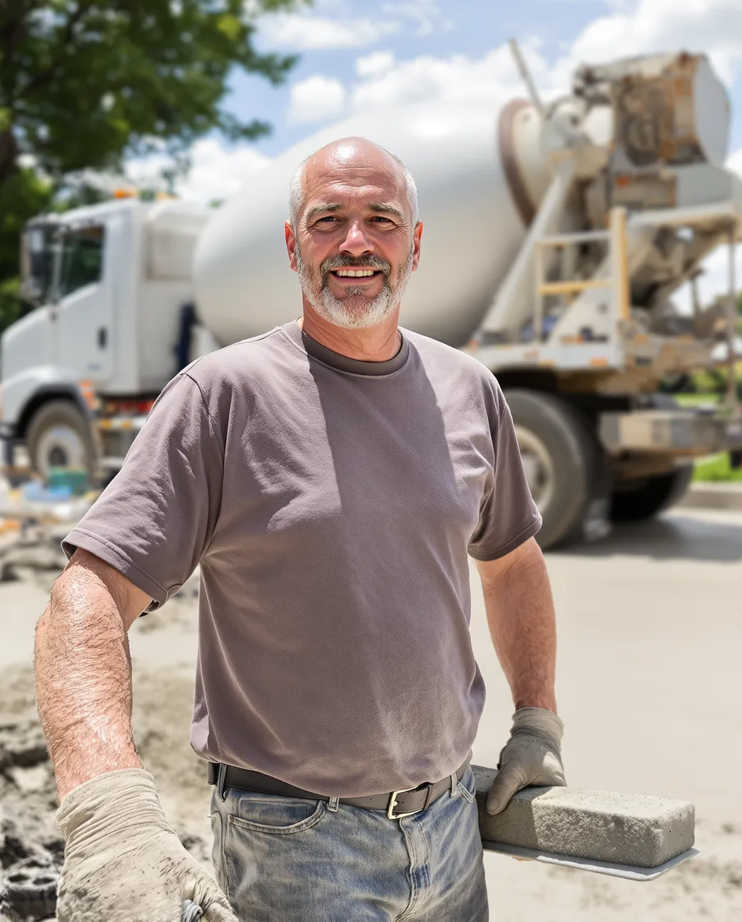 A concrete crew power troweling a fresh driveway slab at a residential job