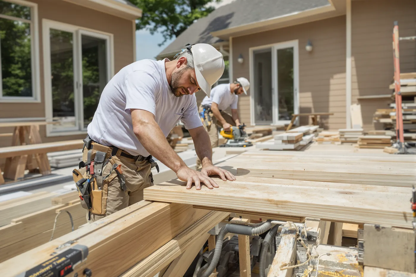 A deck building crew on the job in the market you would own.