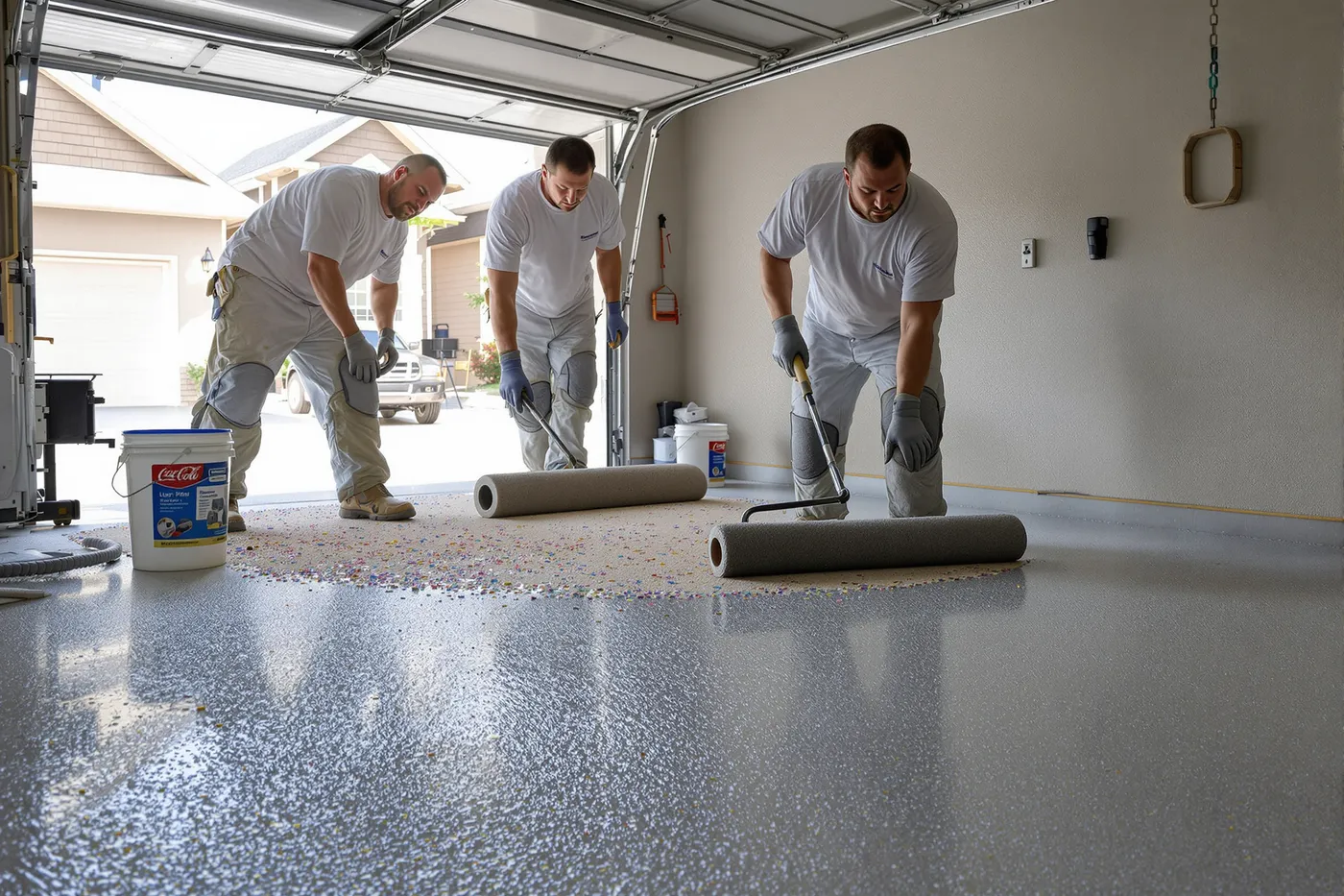 A epoxy flooring crew on the job in the market you would own.