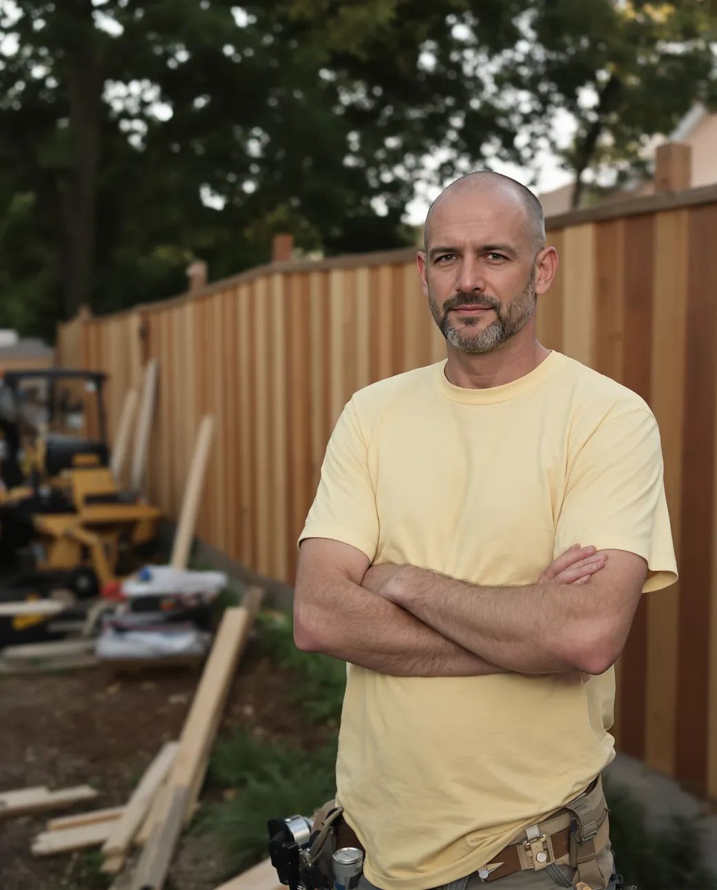 A fence company owner checking the line on a new cedar privacy fence