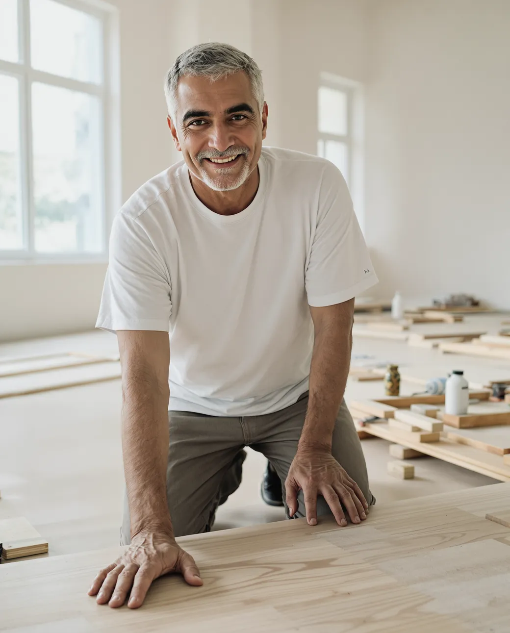 A flooring company owner walking a finished hardwood install