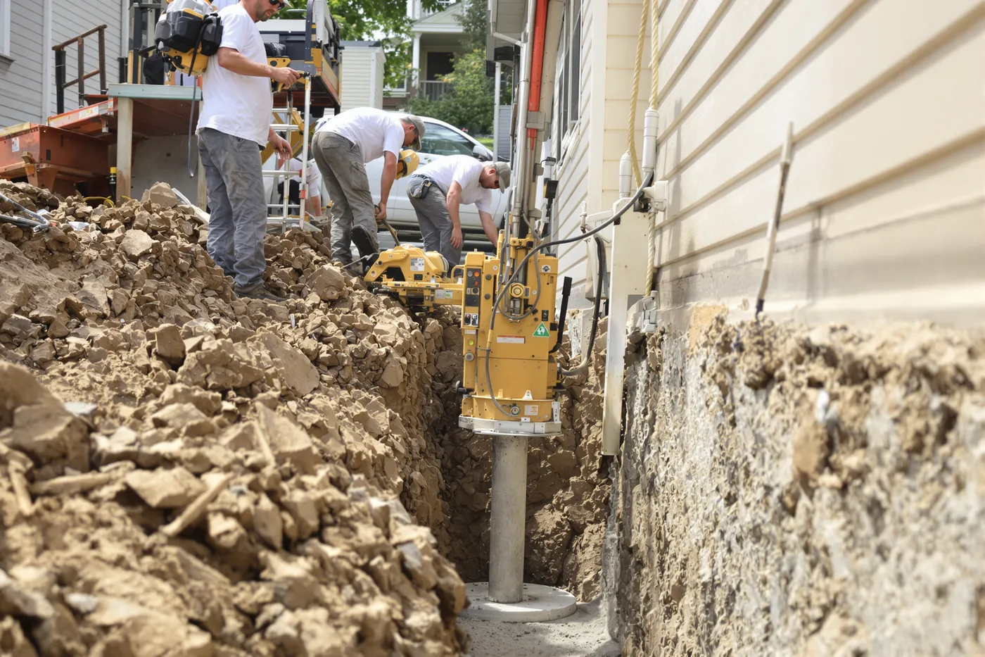 A foundation repair crew on the job in the market you would own.