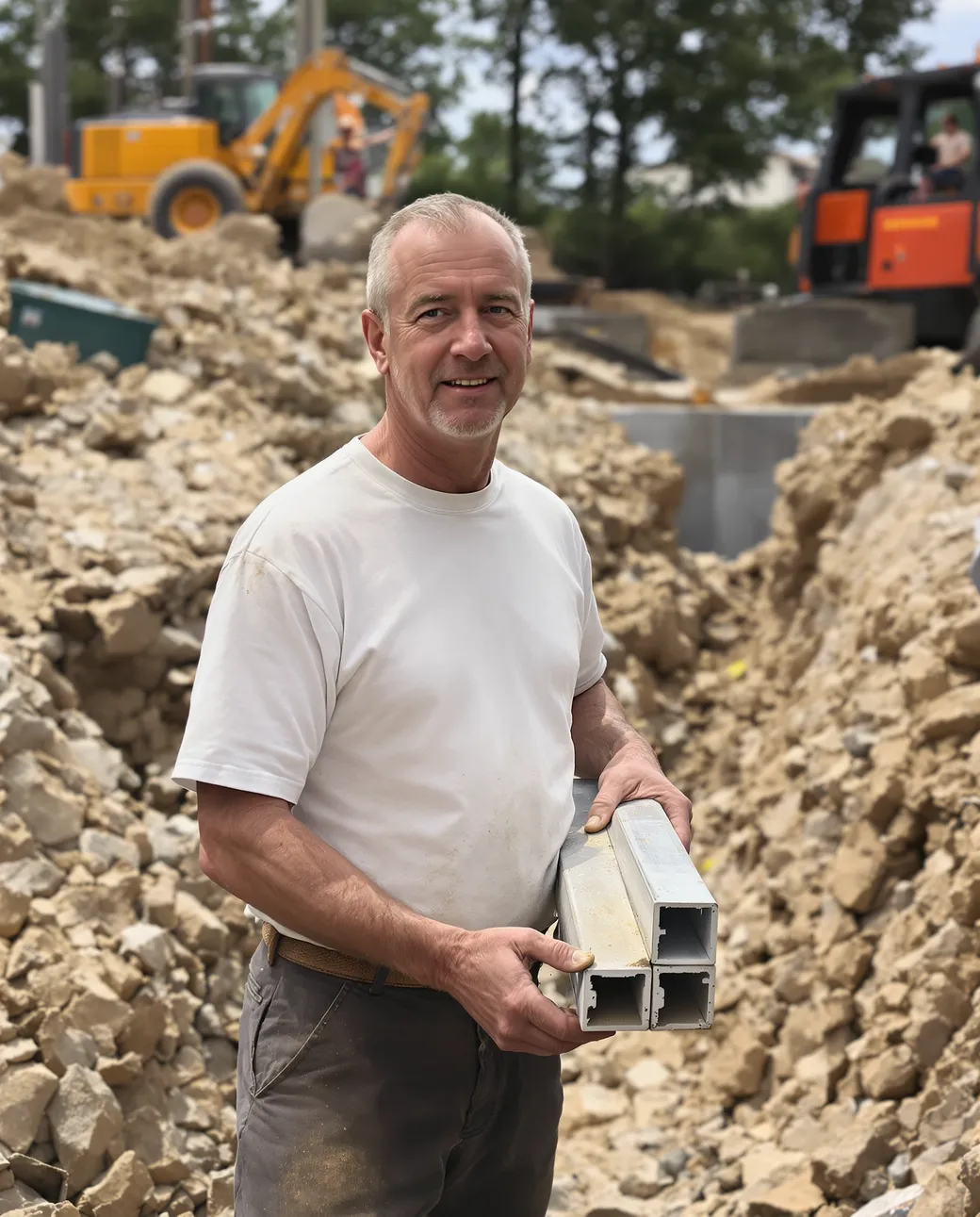 A foundation repair company owner beside a pier installation at a home