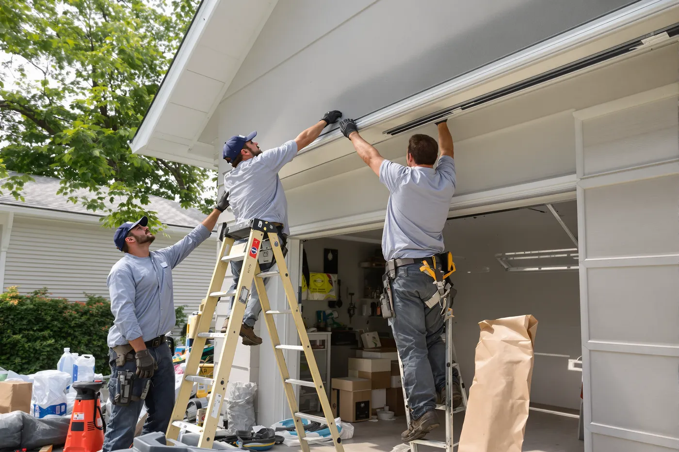 A garage door crew on the job in the market you would own.
