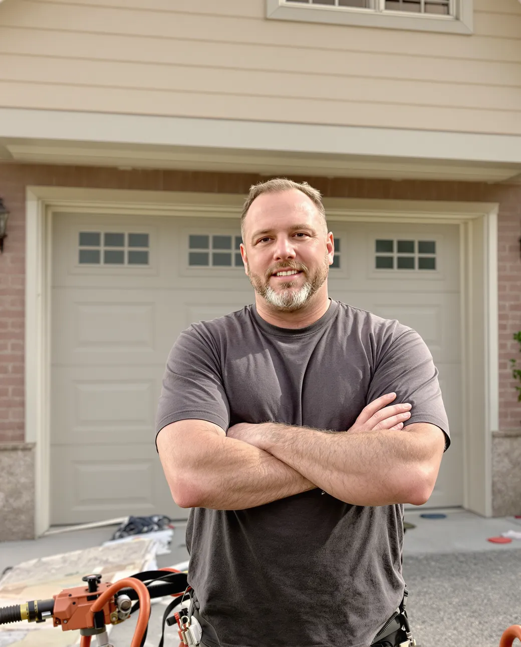 A garage door company owner beside a service truck at a residential install