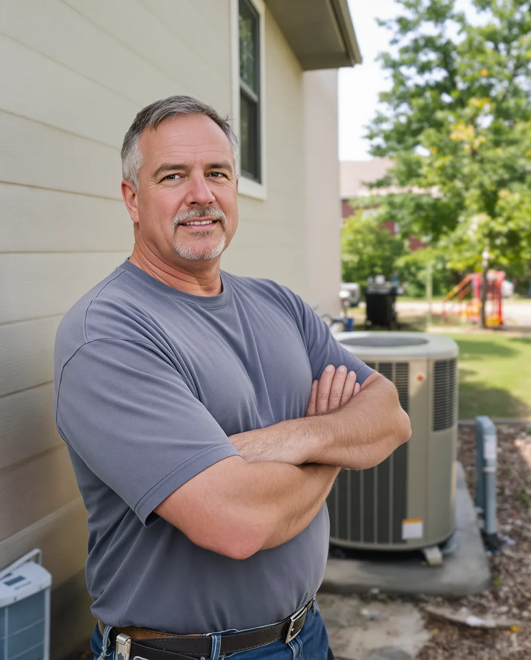 A standby generator installer commissioning a whole-home unit at a house