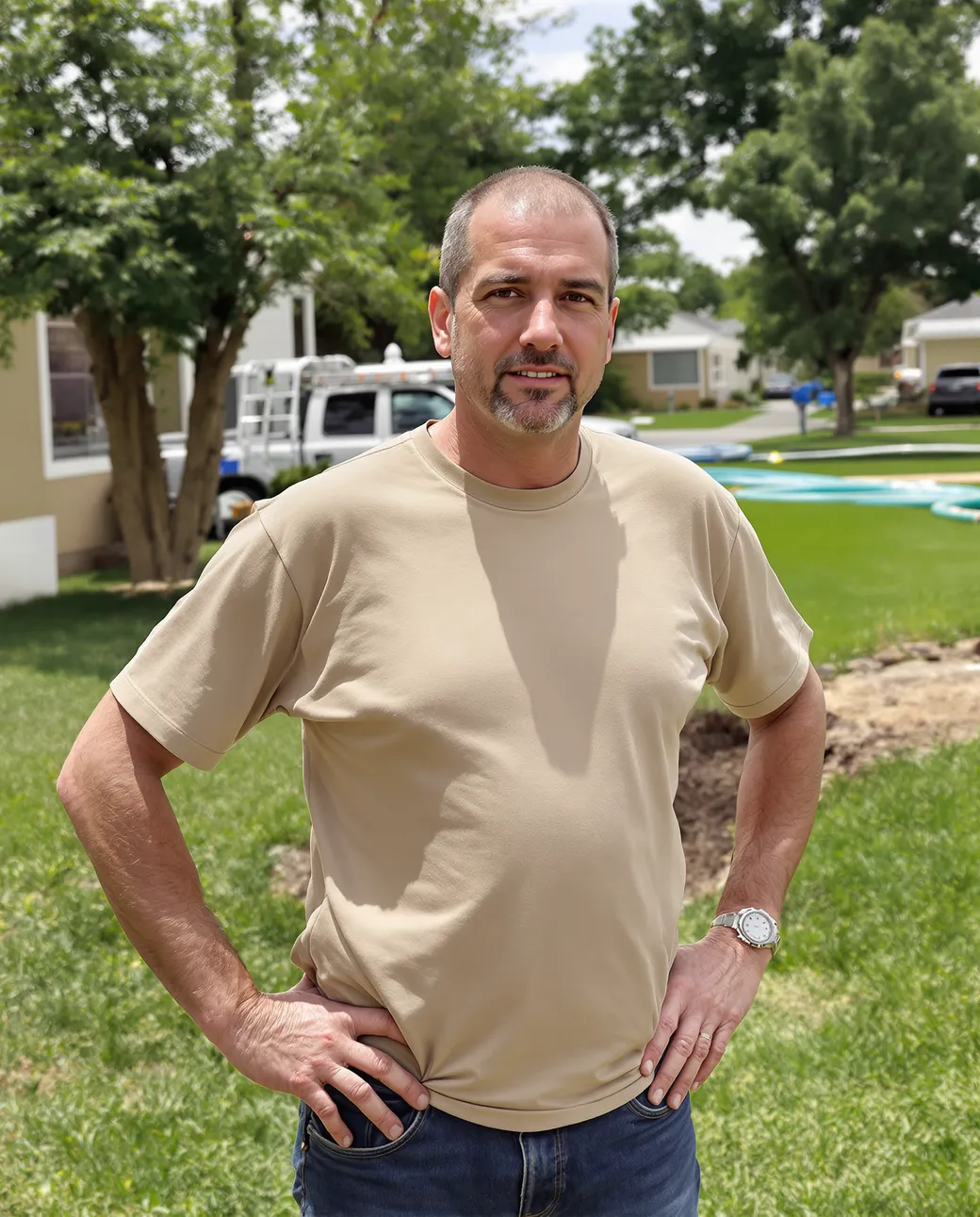 An irrigation contractor checking a sprinkler zone at a residential property
