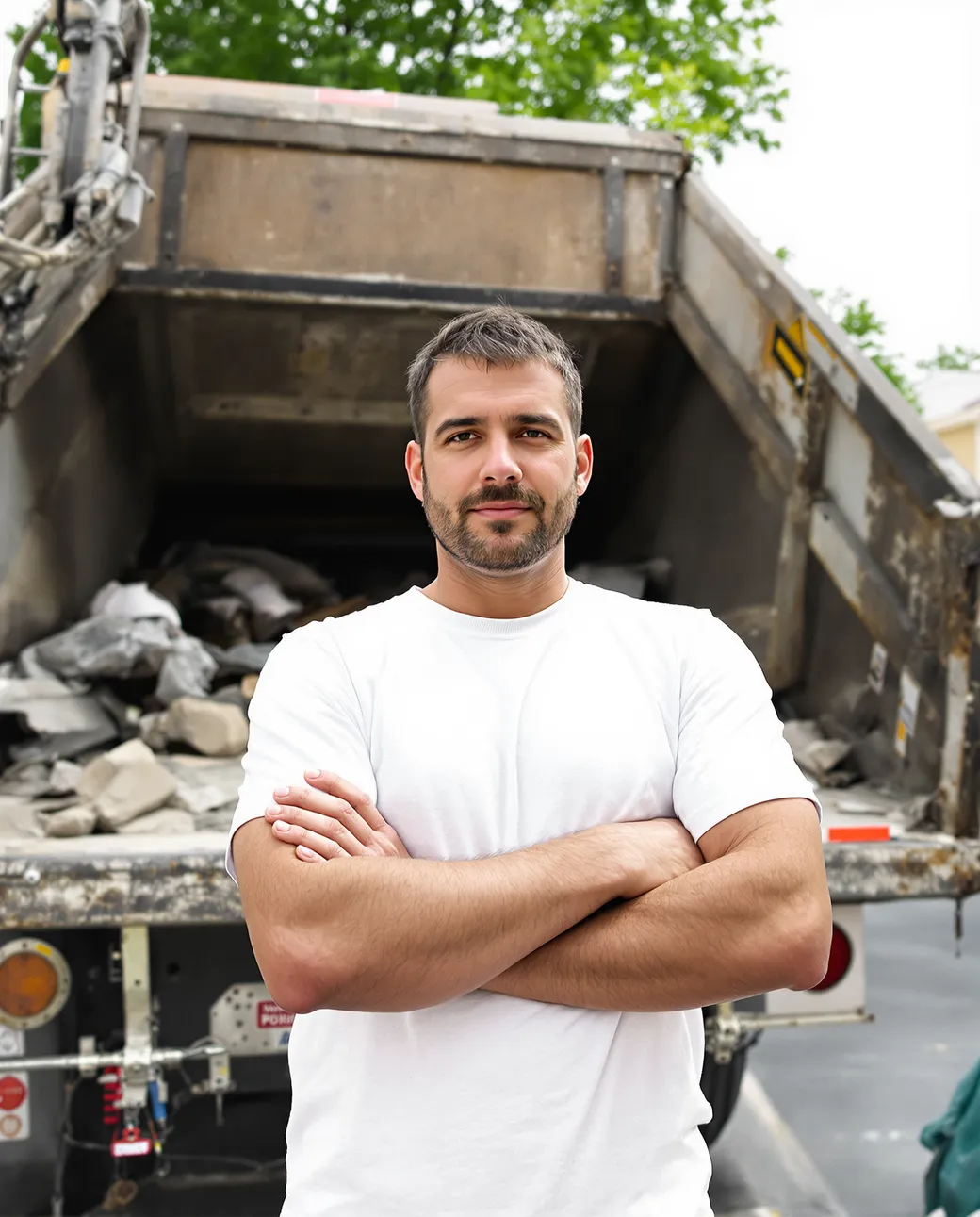 A junk removal crew loading a full truck at a residential cleanout