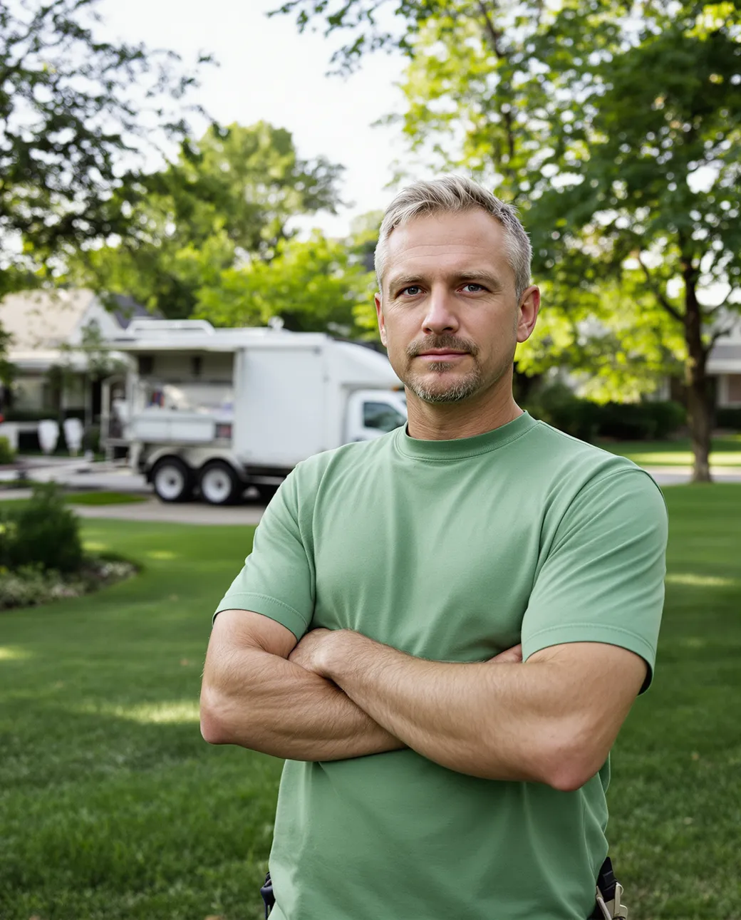 A lawn care technician treating a residential lawn on a route stop