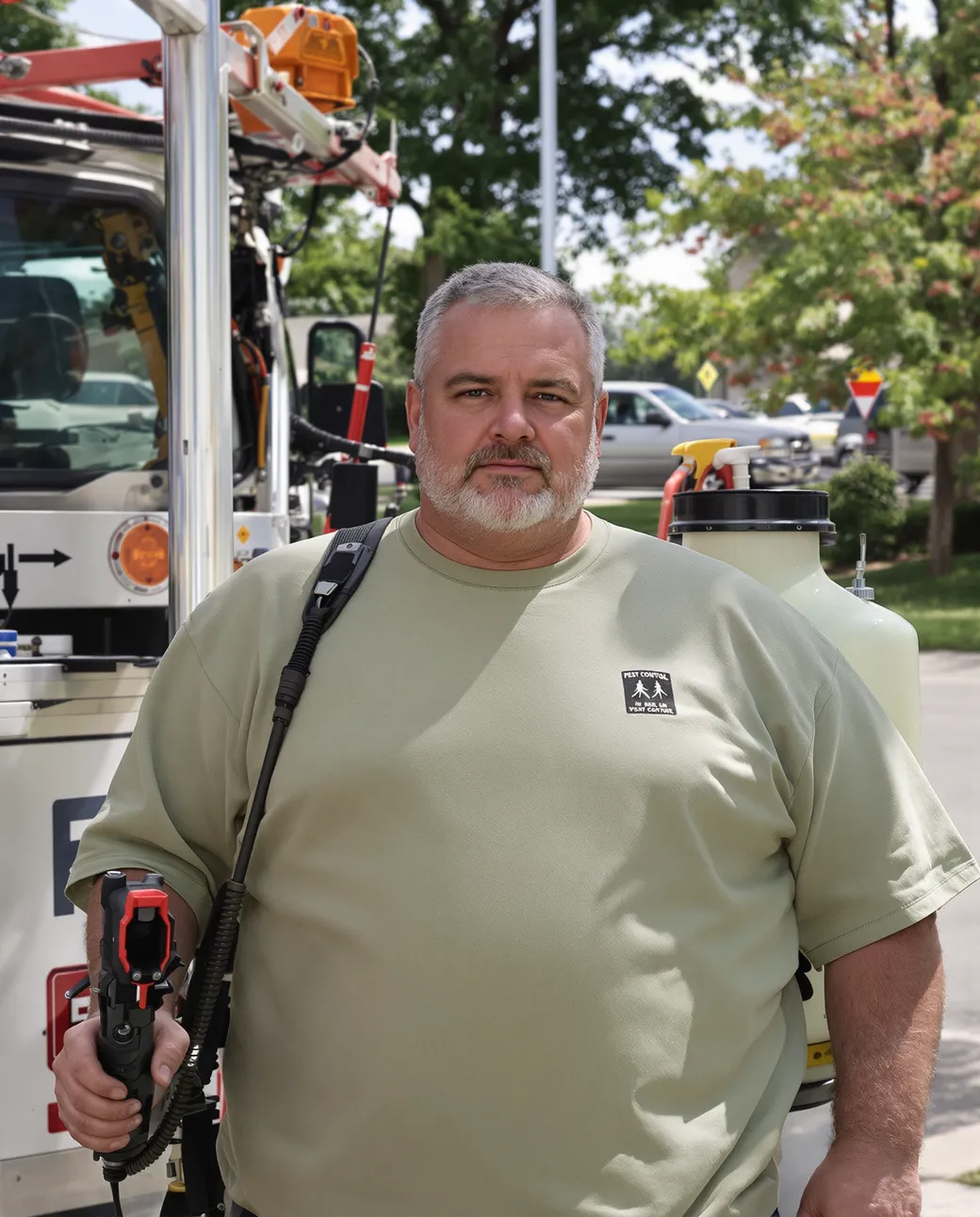 A pest control company owner and technician beside a service truck