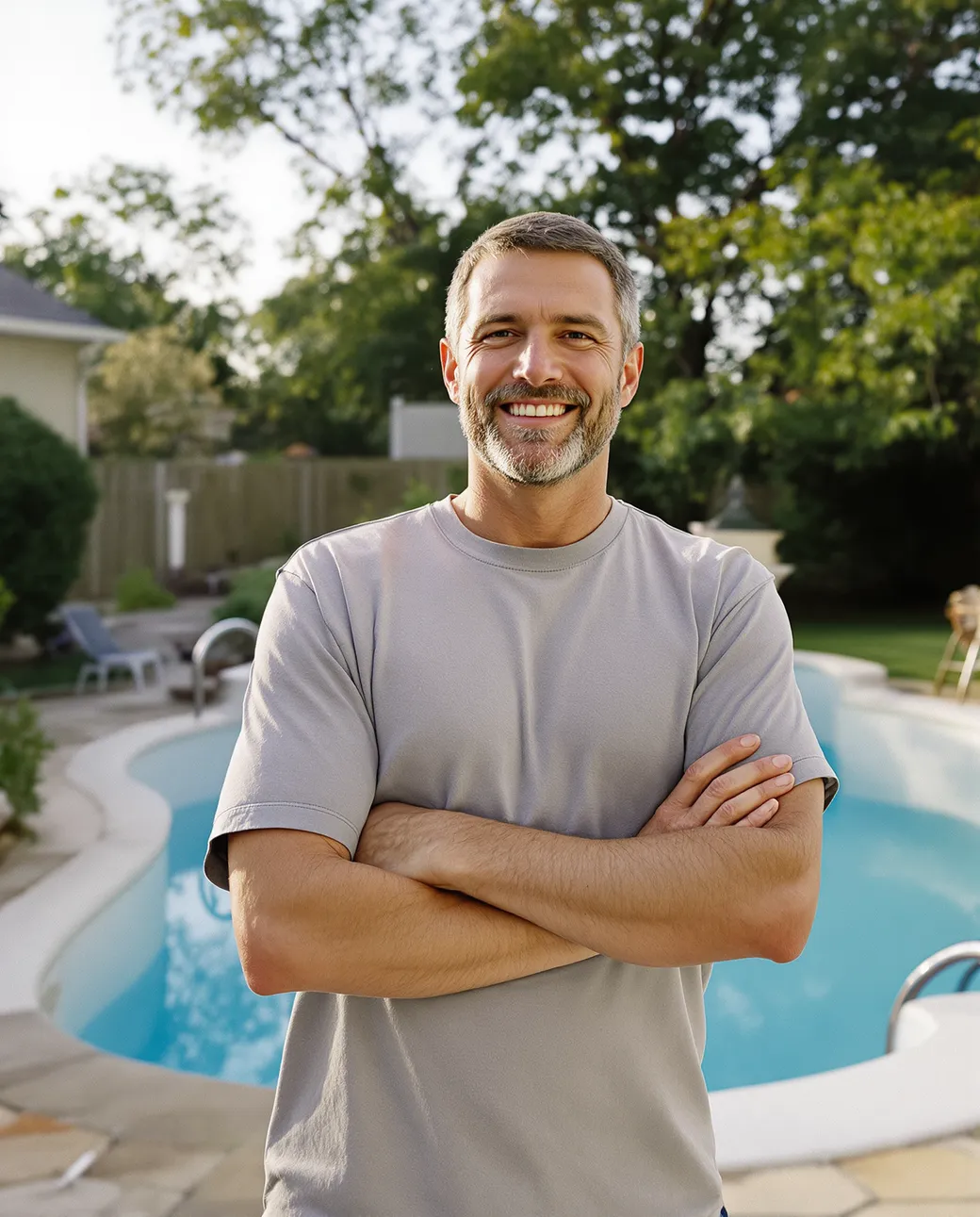 A pool builder walking a backyard excavation before the gunite shoot