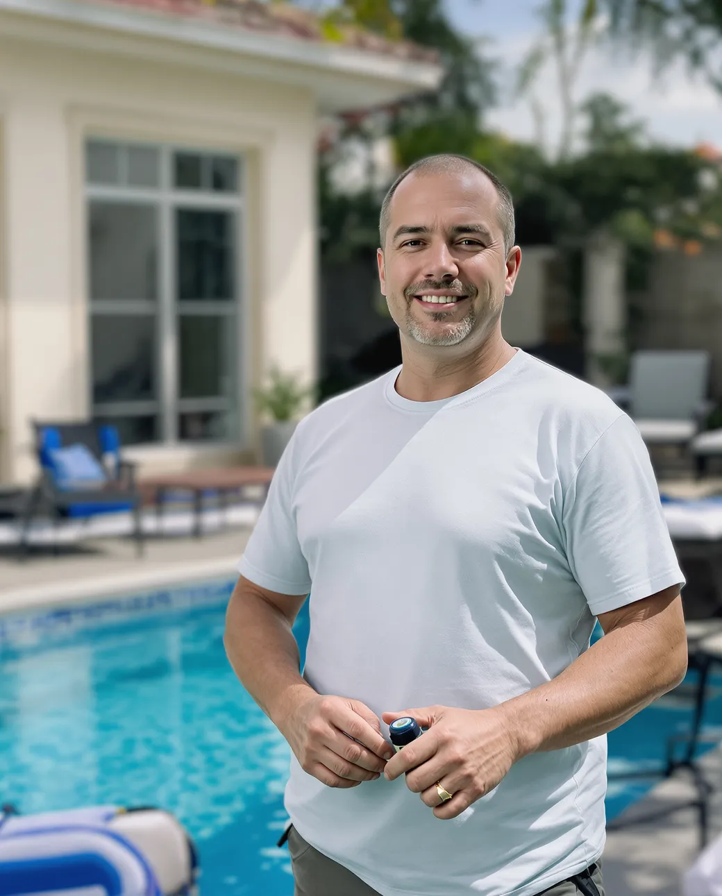 A pool service technician testing water chemistry at a backyard pool