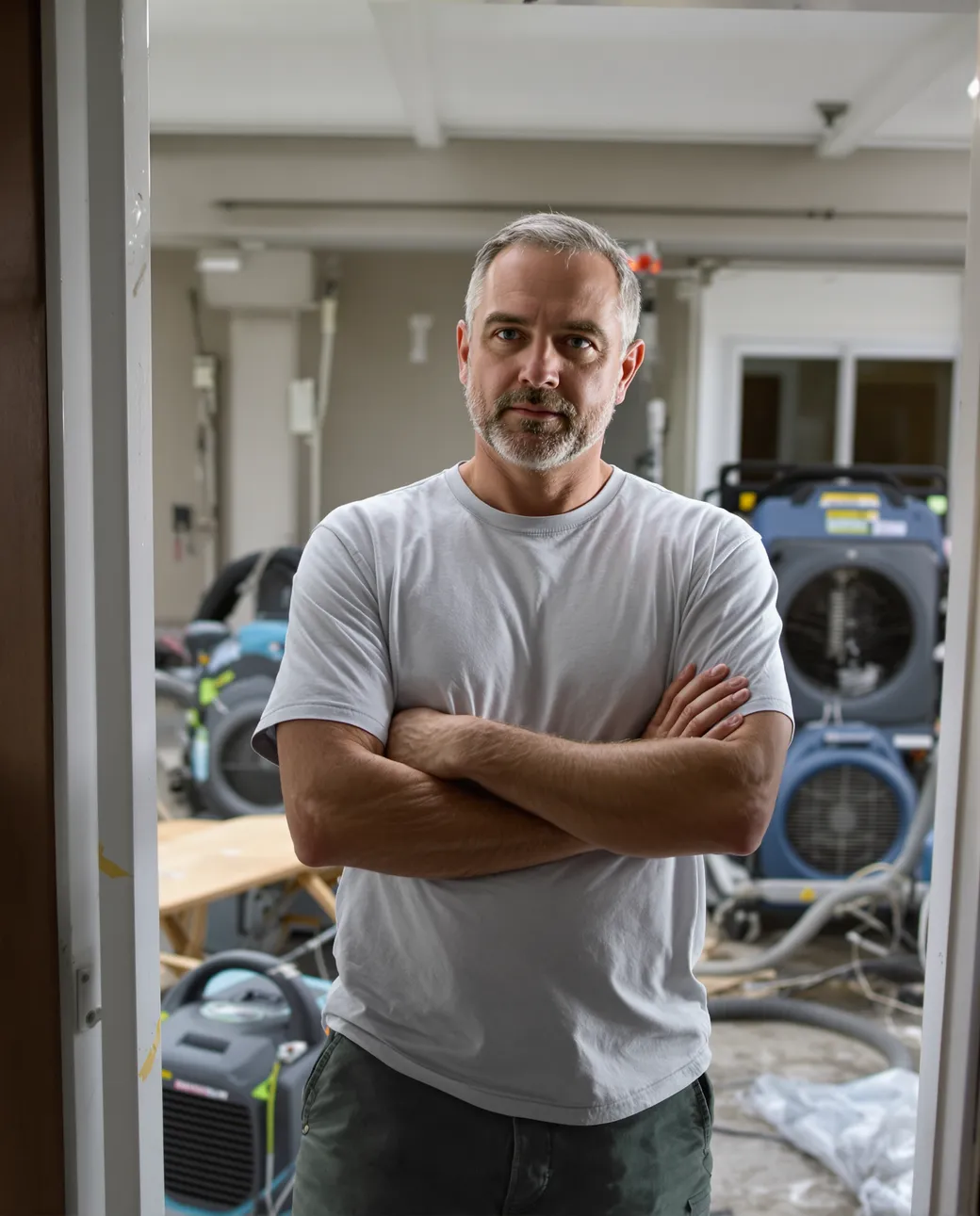 A restoration crew setting air movers in a flooded living room