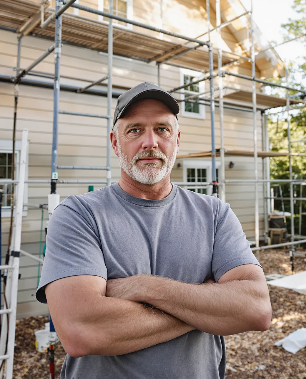 A siding crew hanging fiber cement lap siding on a two-story house