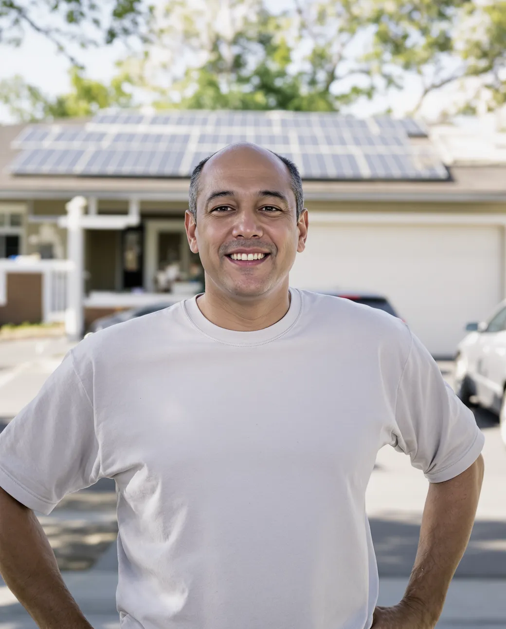 A residential solar crew setting roof-mount panels on a home