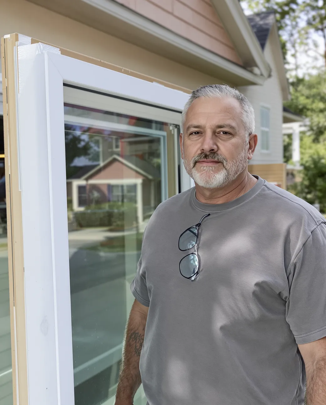 A window company owner with an installer at a residential whole home job