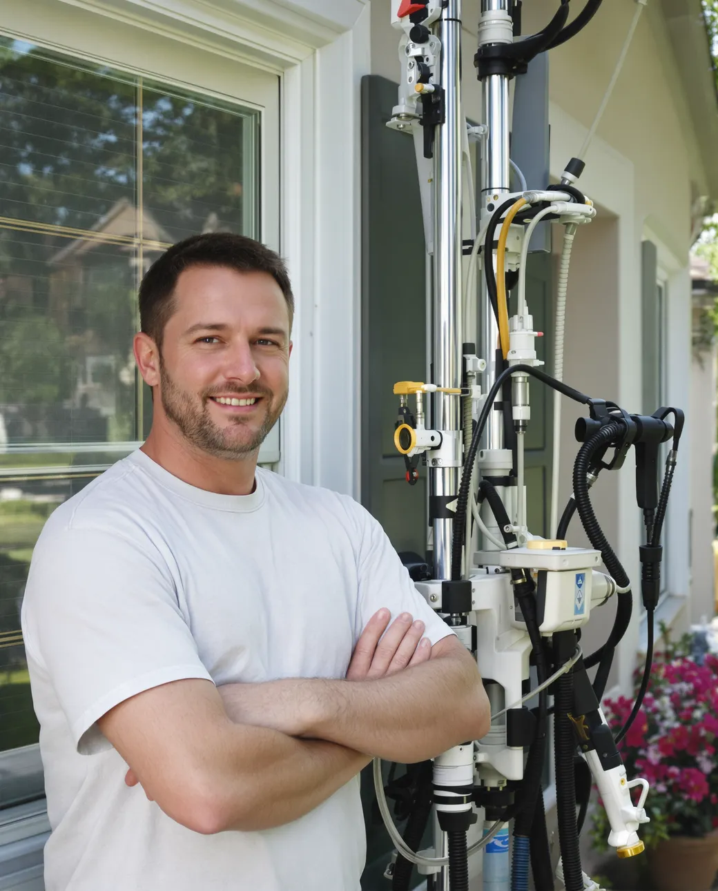 A window cleaning crew working on a residential home with a water-fed pole